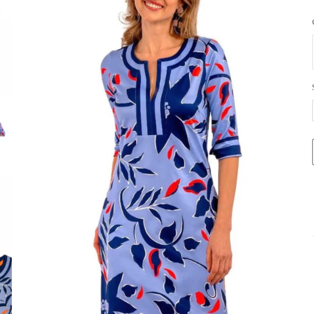 Gretchen Scott Designs Blue Floral Print Tunic Dress with Red Accents-NWT